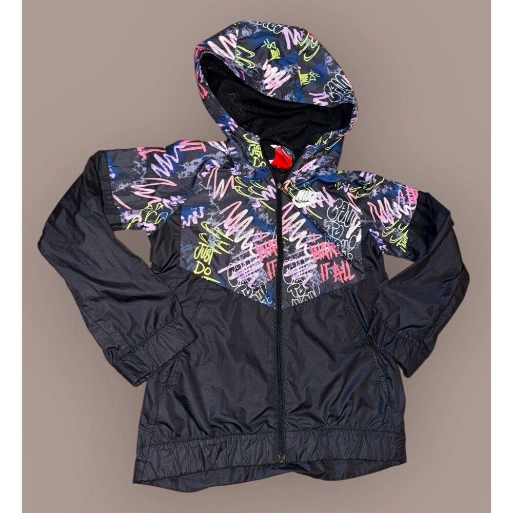 Nike Boys Size S Hooded Windbreaker Jacket Zip Black/Multicolor Graffiti